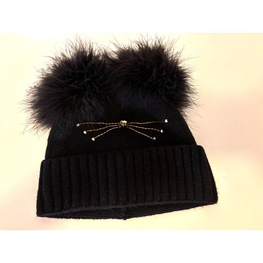 Kate Spade New York Black Embellished Cat Beanie Hat with Marabou Poms Cat Lady